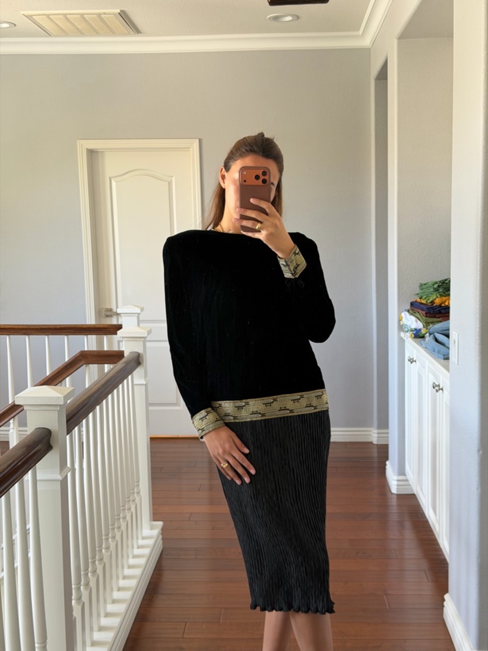 Nui Black Midi Dress with Gold Metallic Trim